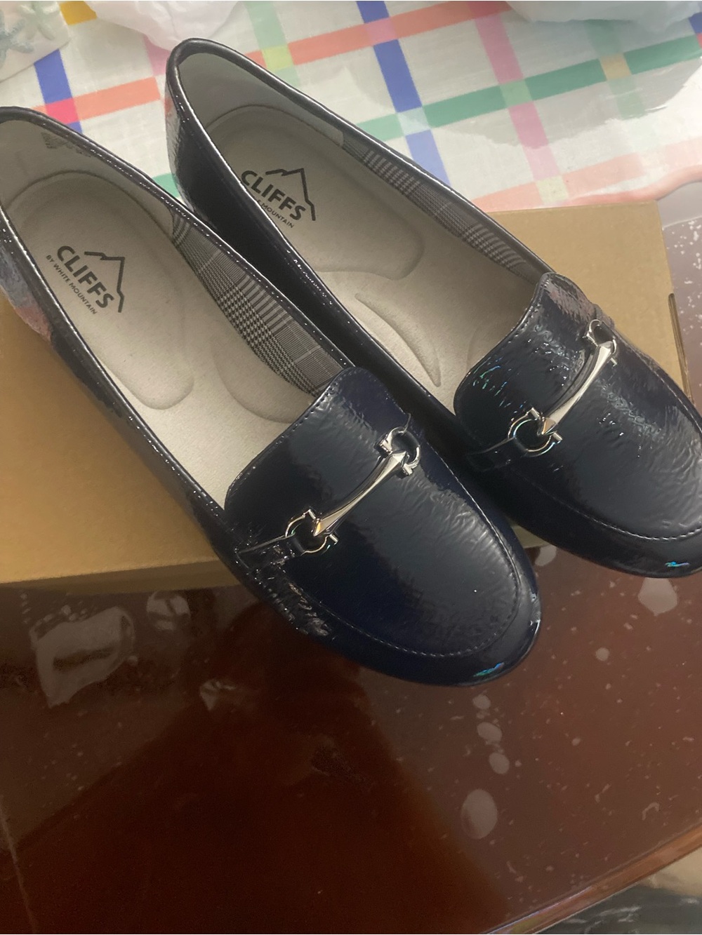 Cliffs by WHITE MOUNTAIN Navy Patent Loafers with Silver Belt Buckle